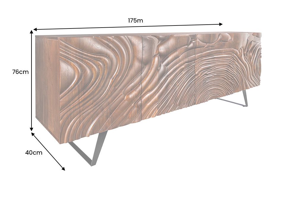 Massives Sideboard FLUID 175cm braun Mangoholz 3D-Design Kufengestell