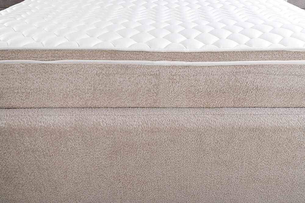 Modernes Boxbett ART DECO 180x200cm greige Bouclé mit Stauraum Matratze und Topper