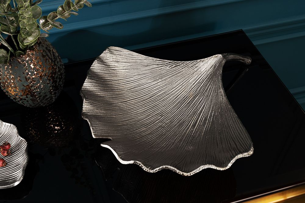 Dekorative Schale GINKGO 45cm silber handmade Metall