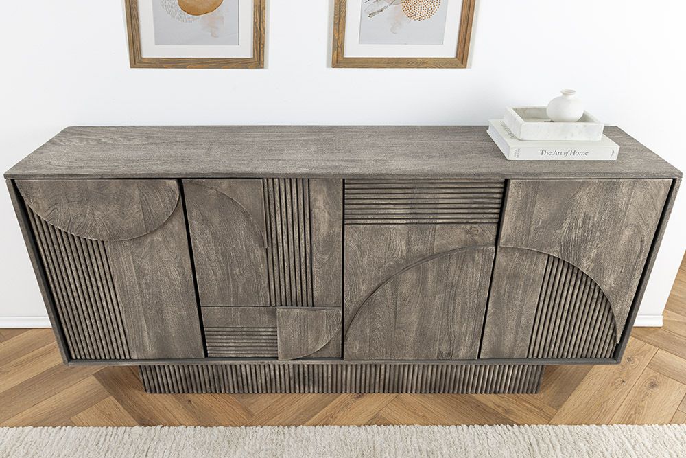 Design Sideboard ART DECO 170cm grau smoked Mangoholz massiv 3D-Front