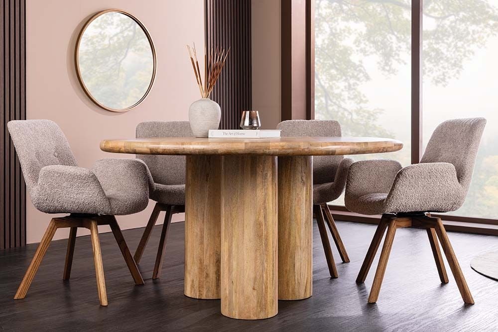 Runder Esstisch ART DECO 140cm natur Mangoholz massiv mit Säulenfüßen
