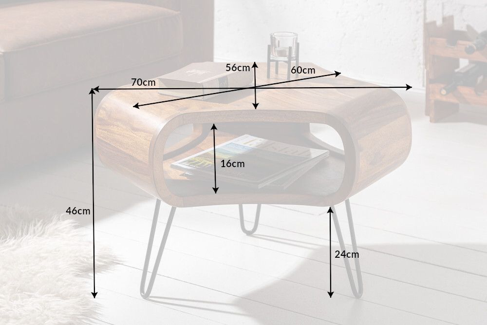 Retro Couchtisch ORGANIC LIVING 70cm braun Sheesham Massivholz stone finish Stauraum