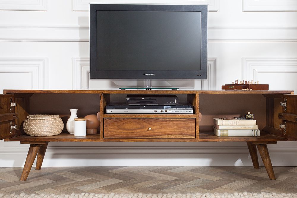 Massives TV-Board MYSTIC LIVING 140cm braun Sheesham Massivholz stone finish 3D -Front