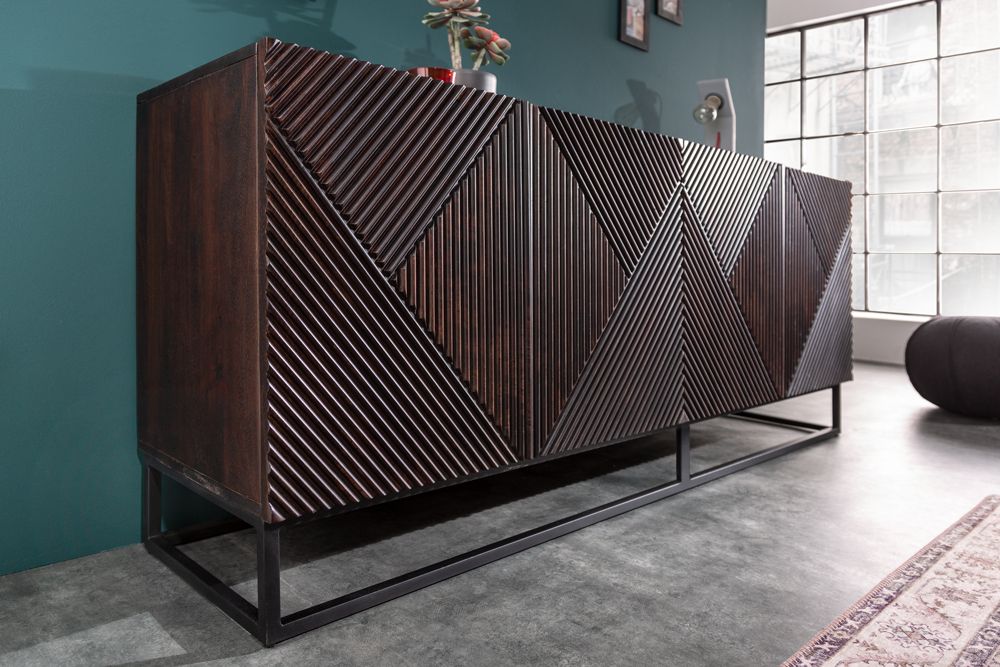 Massives Sideboard CREATIVO 180cm Mangoholz aufwändige 3D Front Retro Design