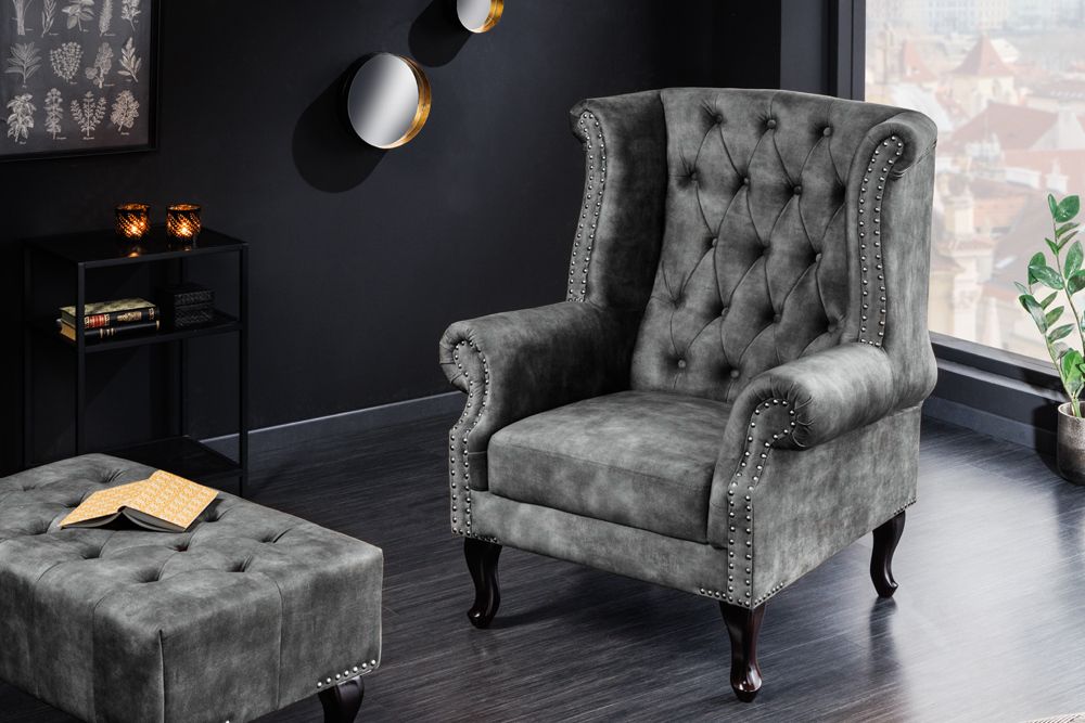 Design Ohrensessel CHESTERFIELD 105cm grau Samt silber Nieten