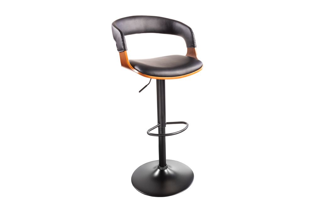 Retro Barhocker MANHATTAN schwarz Kunstleder Walnussholz drehbar höhenverstellbar