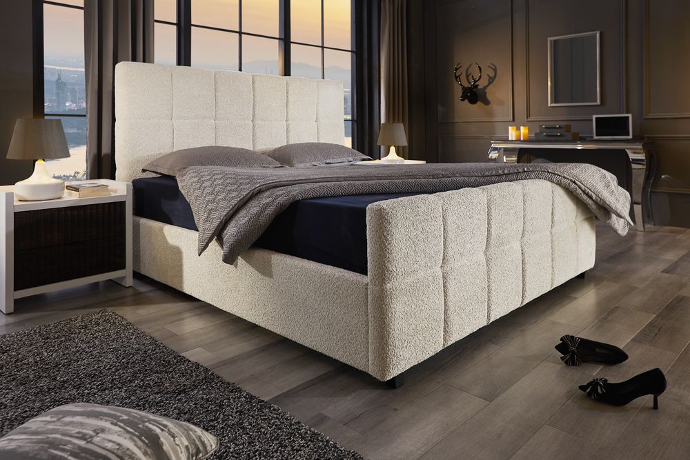 Modernes Boxbett PRESTIGE 180x200cm creme Bouclé mit Stauraum und Lattenrost
