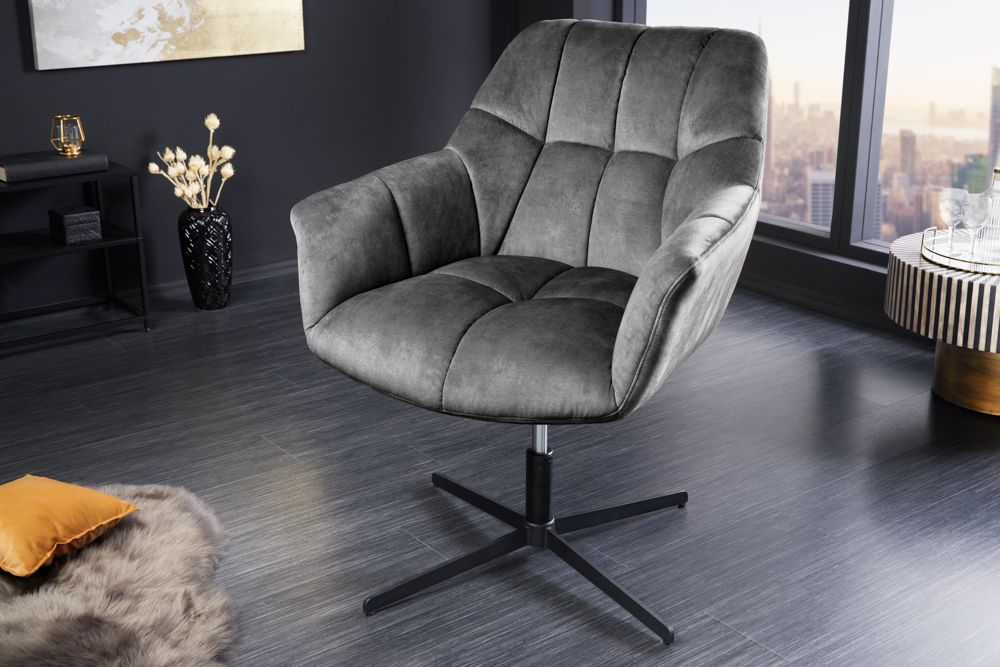 Drehbarer Sessel PAPILLON grau Samt schwarz Metall höhenverstellbar mit Armlehne