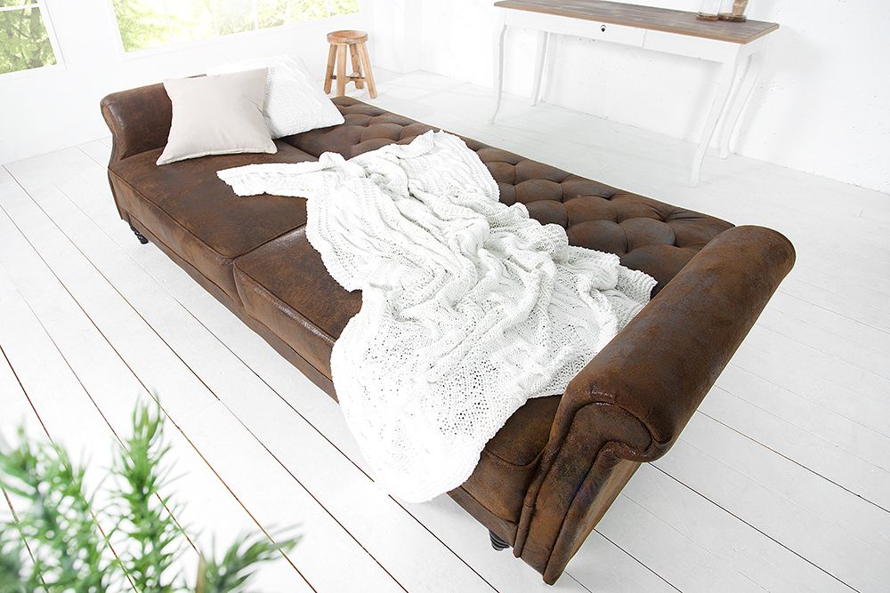 Chesterfield 3-Sitzer Sofa MAISON BELLE AFFAIRE 220cm antik braun Microfaser mit Schlaffunktion