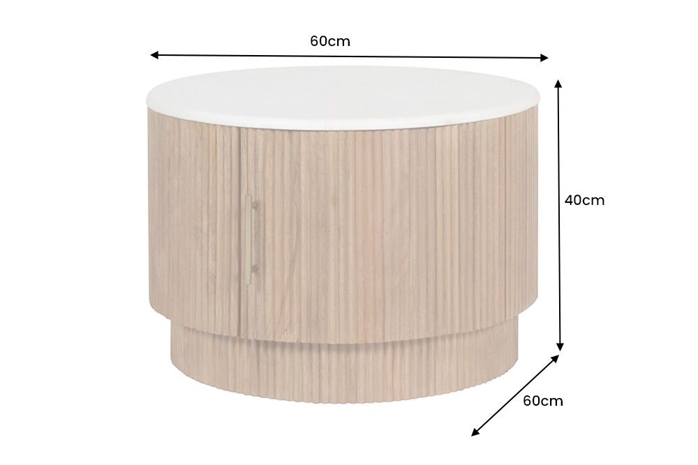 Runder Couchtisch TRES CHIC 60cm weiß Marmor natur Mangoholz mit Stauraum