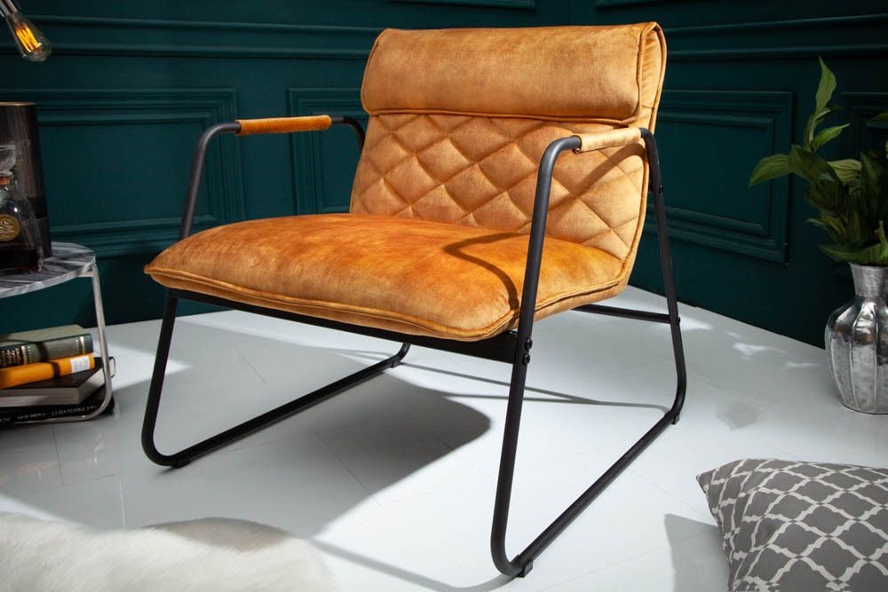 Retro Lounge Sessel MUSTANG LOUNGER senfgelb Samt mit Ziersteppung