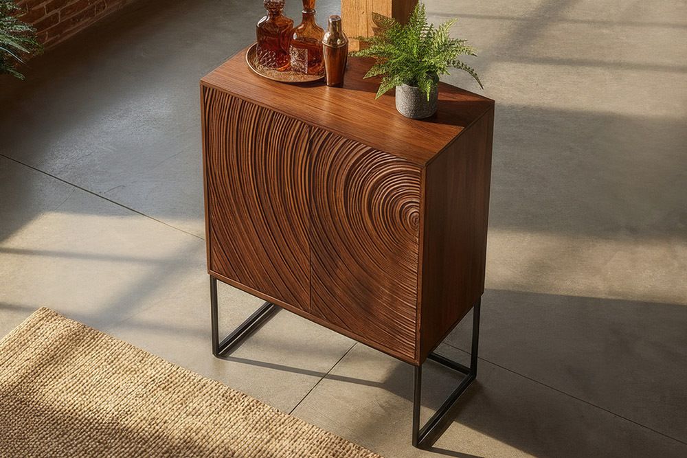 Design Highboard ORBIT 120cm braun Mangoholz mit 3D-Front schwarz Metall