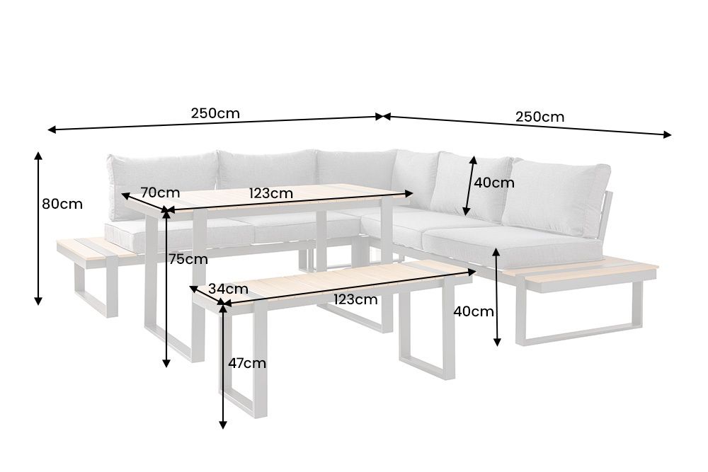Wetterfestes Gartenmöbel Set TAMPA LOUNGE 250cm grau Aluminium inkl. Sitzbank Tisch Kissen