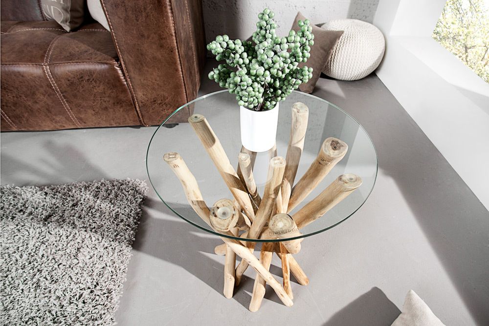 Design Beistelltisch DRIFTWOOD 40cm Teakholz mit Glasplatte rund Couchtisch