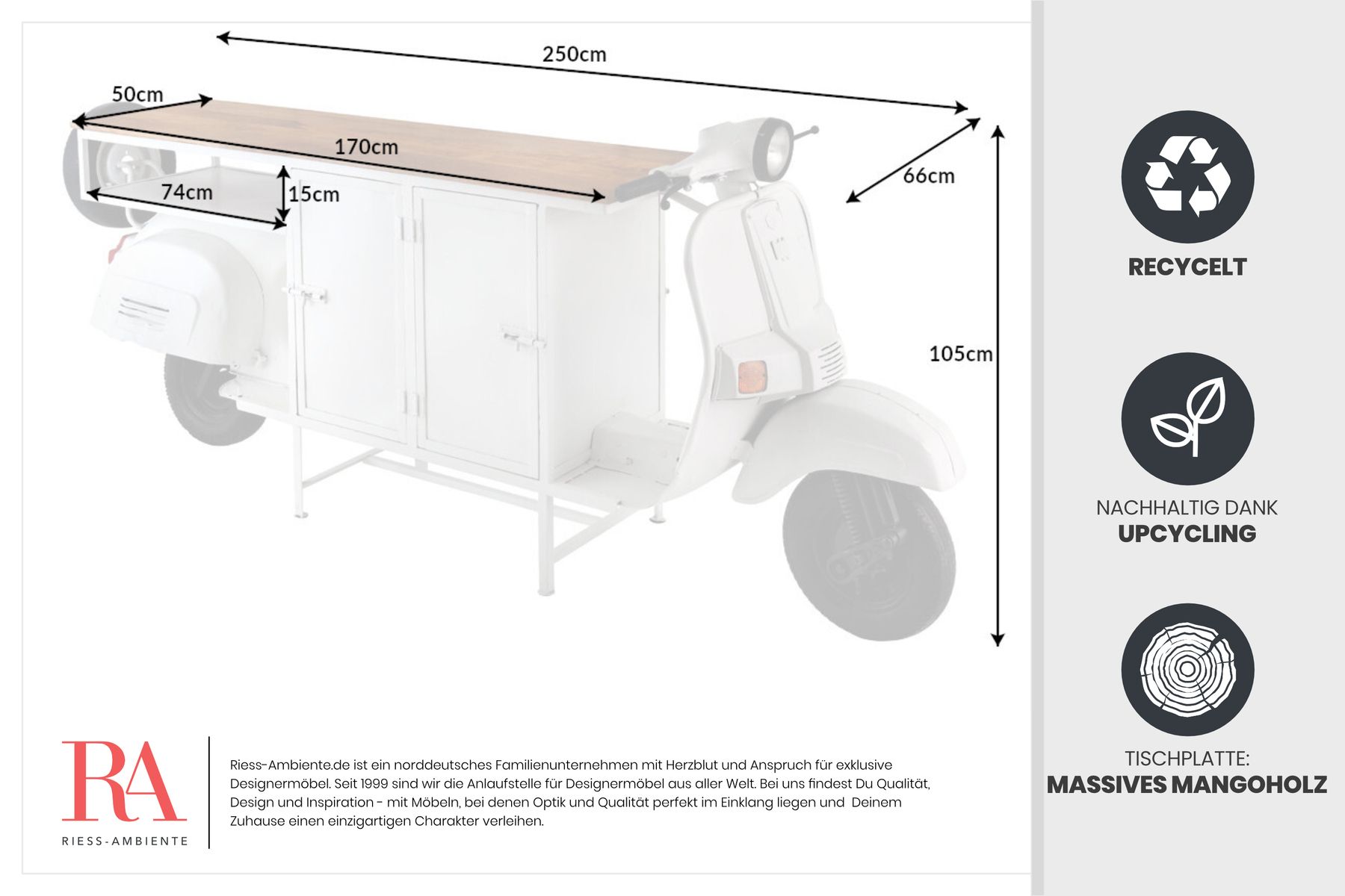 Extravaganter Barschrank SCOOTER 250cm weiß Retro-Konsole Motorroller mit Mangoholz Upcycling