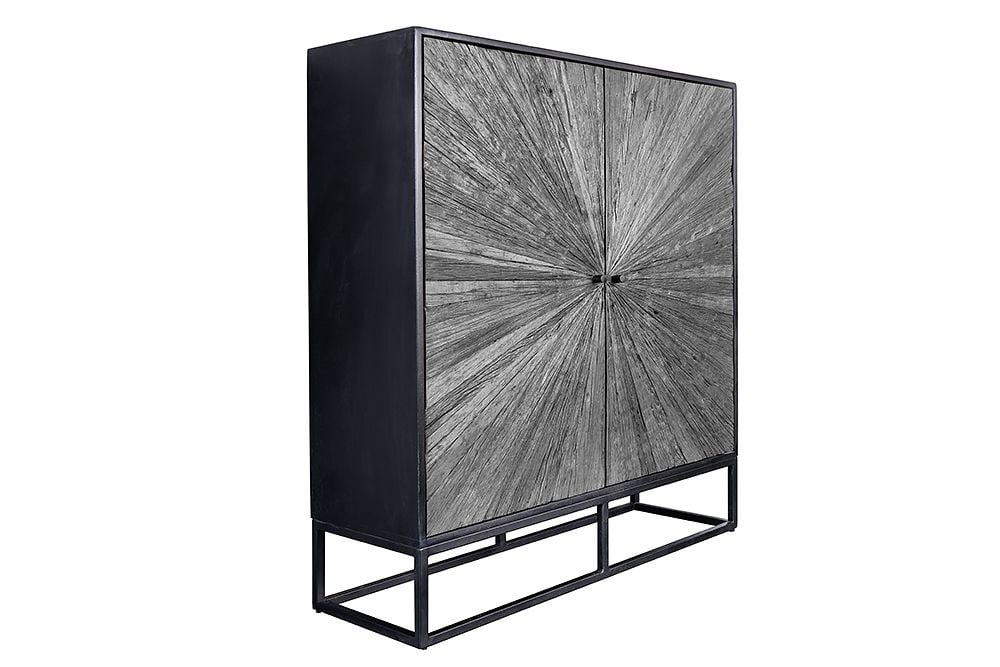 Massives Highboard BARRACUDA 120cm grau Mangoholz mit Teakholz-Front schwarz Metall