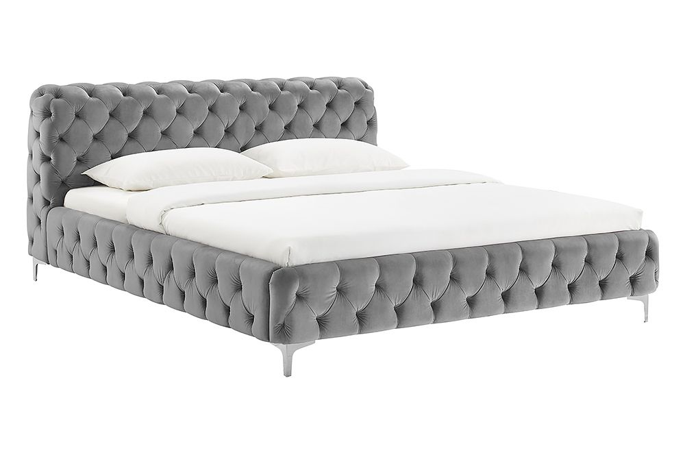 Design Bett MODERN BAROCK 160x200cm grau Samt Chesterfield Doppelbett