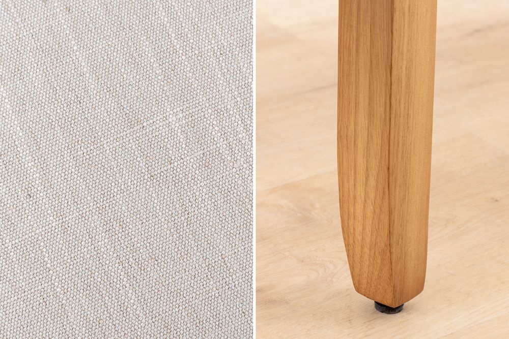 Design Stuhl CASA beige Leinen Massivholzbeine mit Zierknöpfen und Nackenrolle