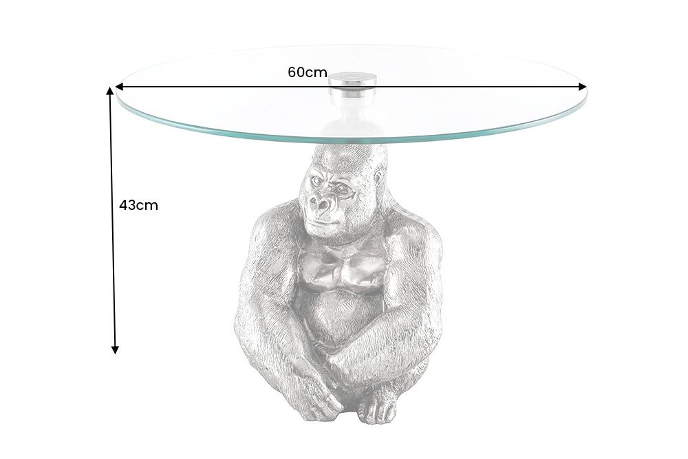 Runder Couchtisch WILDLIFE KONG 60cm silber Metall Glas Affenfigur Gorilla Skulptur handmade