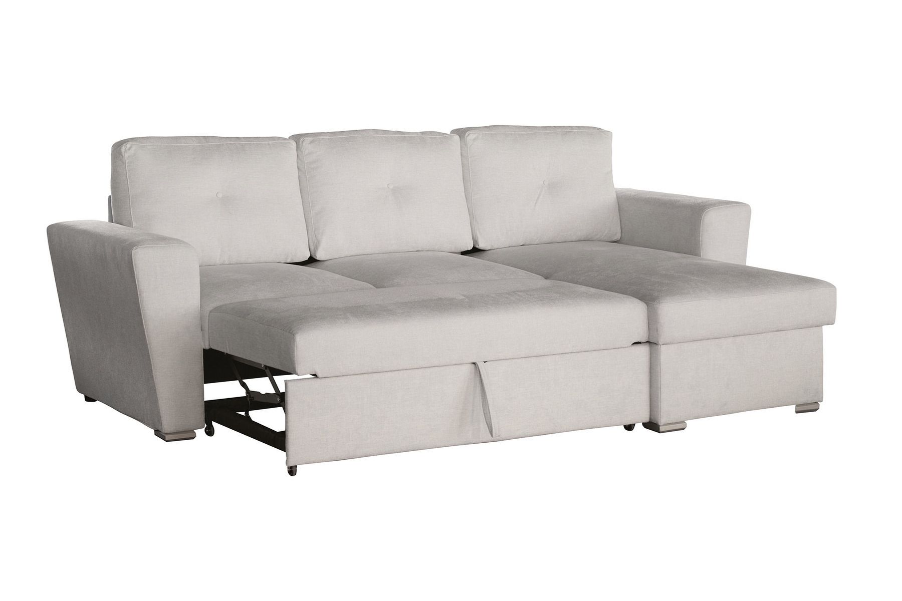 Ecksofa mit Schlaffunktion APARTMENT beidseitig aufbaubar beige Strukturstoff inkl. Stauraum
