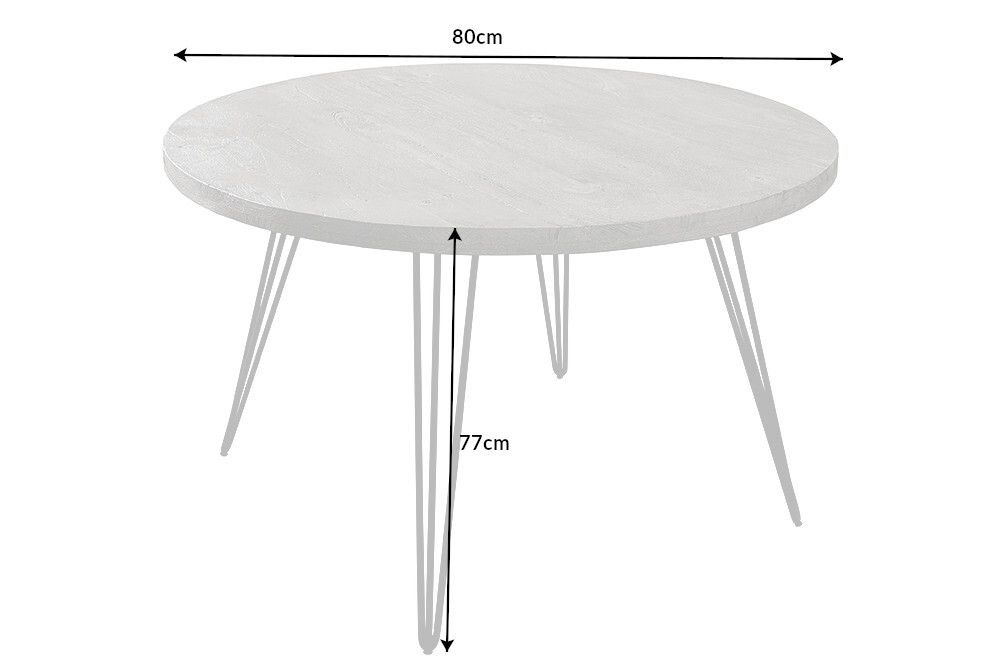 Runder Esstisch SCORPION 80cm grau Mangoholz massiv schwarze Metallbeine Hairpin Legs