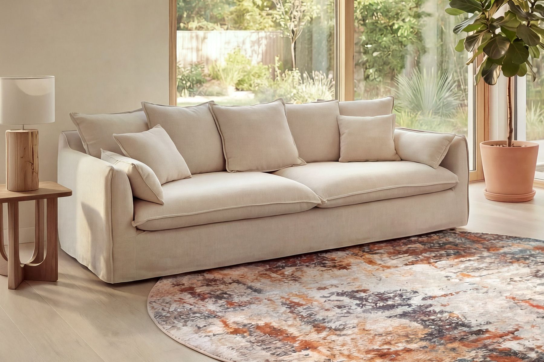 Großes 3-Sitzer Sofa HEAVEN 200cm natur beige Leinenstoff Federkern Hussensofa