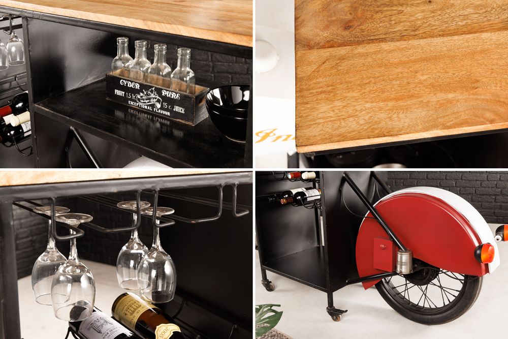 Design Bartisch EASY RIDER 230cm weiß rot schwarz Mangoholz Motorrad Upcycling