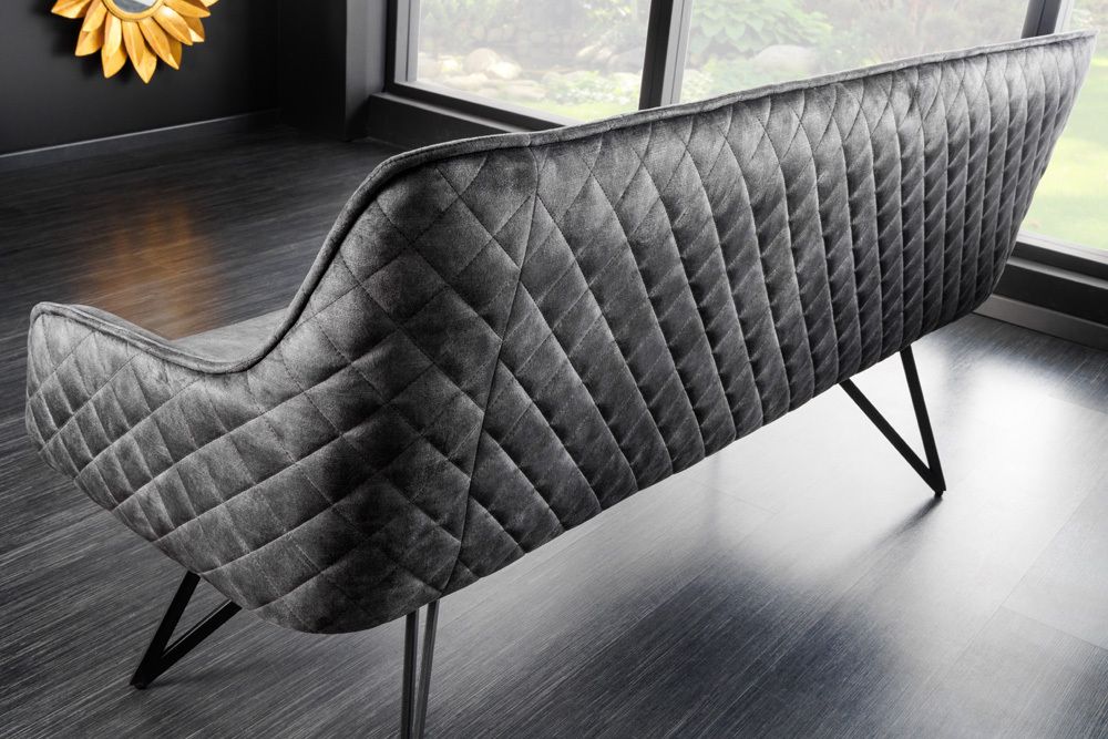 Design Sitzbank EUPHORIA 160cm dunkelgrau Samt Retrostil Ziersteppung Hairpin Legs Metallbeine Armlehnen