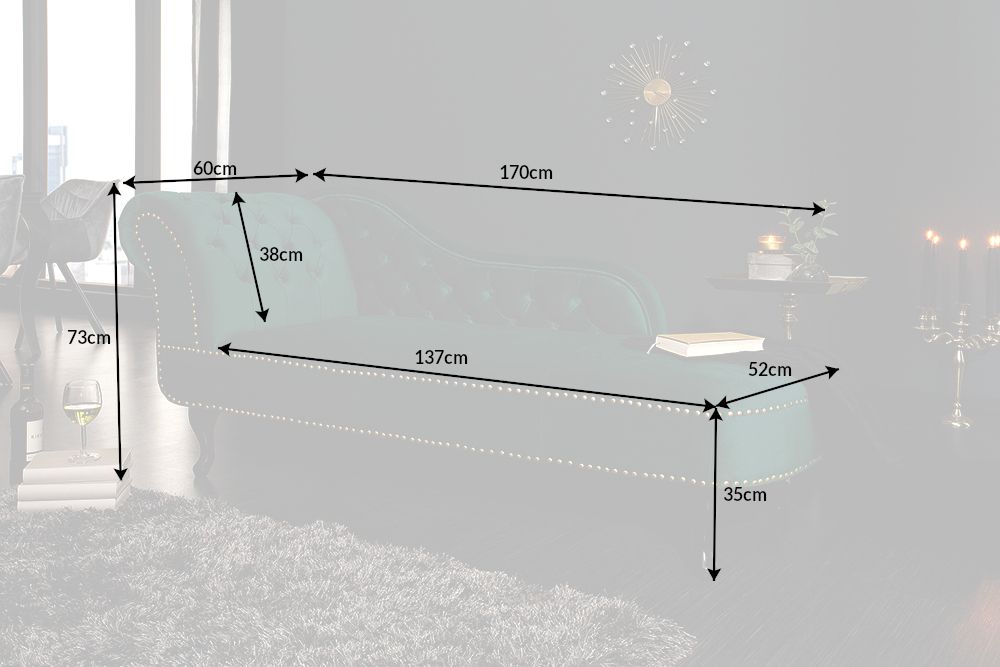 Design Récamière CHESTERFIELD 170cm smaragdgrün Samt Knopfheftung Nietenbesatz