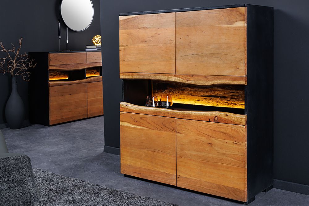 Massivholz Highboard GRAND ACACIA 120cm braun Akazie mit LED-Beleuchtung Baumkante