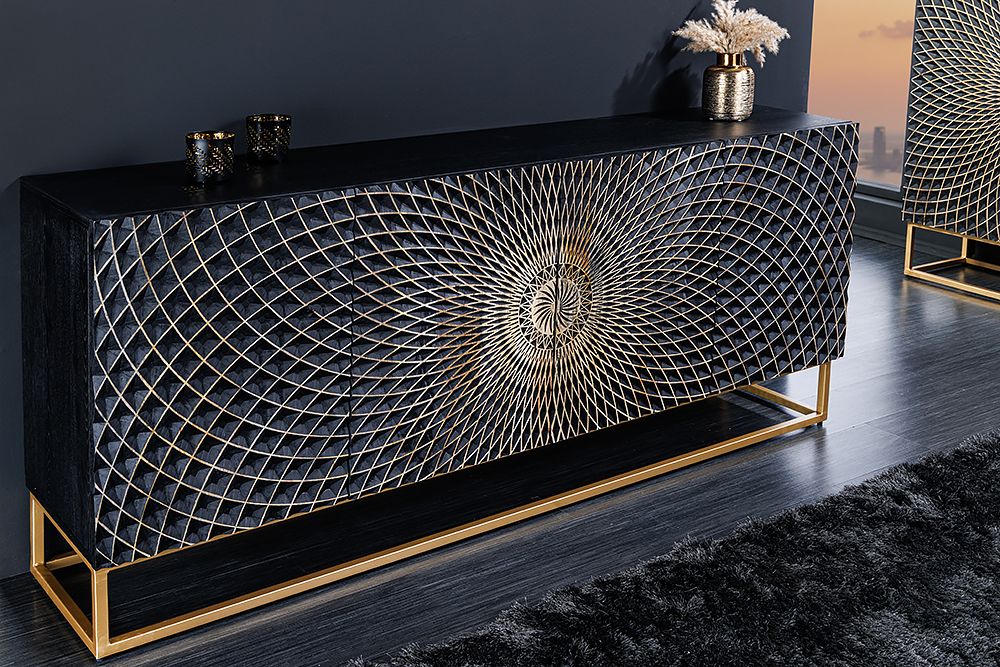 Design Sideboard ILLUSION 180cm schwarz Mangoholz Massivholz mit 3D Schnitzereien gold Eisen Metallgestell