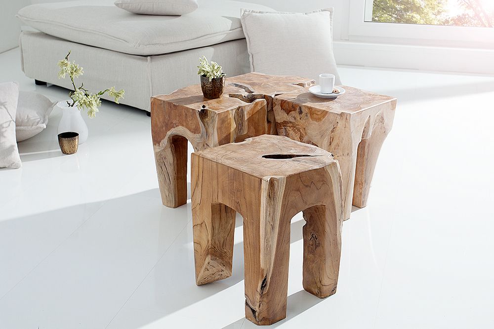 Massivholz Beistelltisch MOLAR 30cm Hocker Teak Block aus einem Stück gefertigt