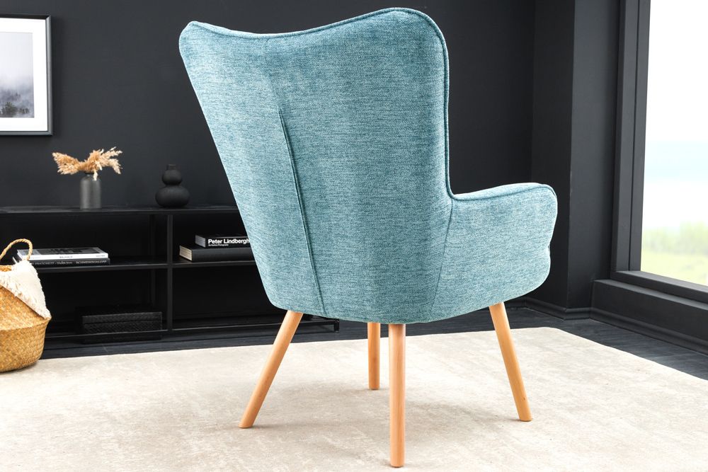 Moderner Sessel SCANDINAVIA blau Strukturstoff Massivholz-Beine mit Armlehnen