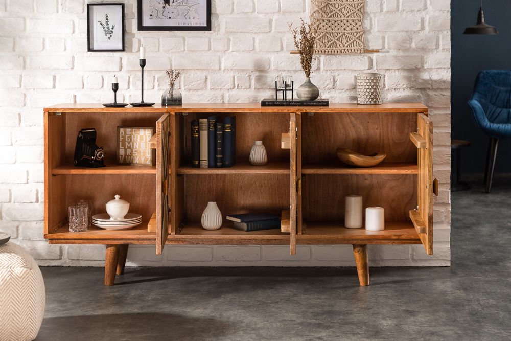 Elegantes Sideboard LONG ISLAND 160cm Mangoholz-Optik mit Retro Muster