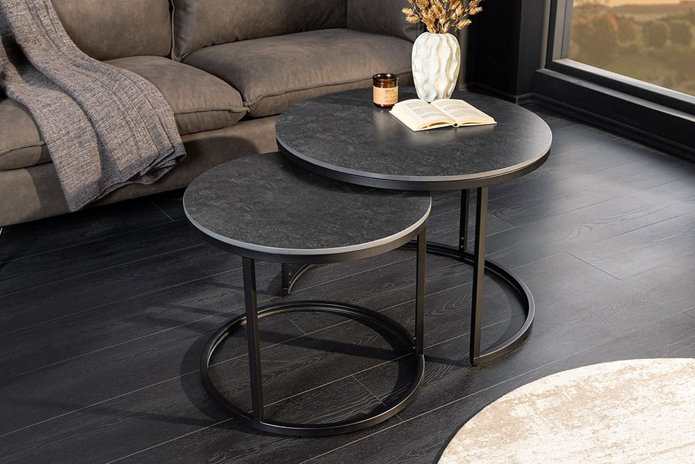 Rundes 2er Set Couchtische ELEGANCE 75cm anthrazit Keramik schwarz Metall