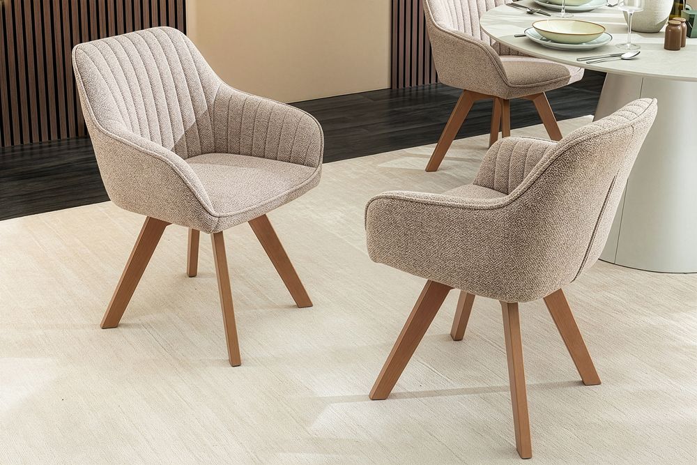 Design Stuhl LIVORNO beige Strukturstoff Massivholzbeine drehbar Auto-Return-Funktion