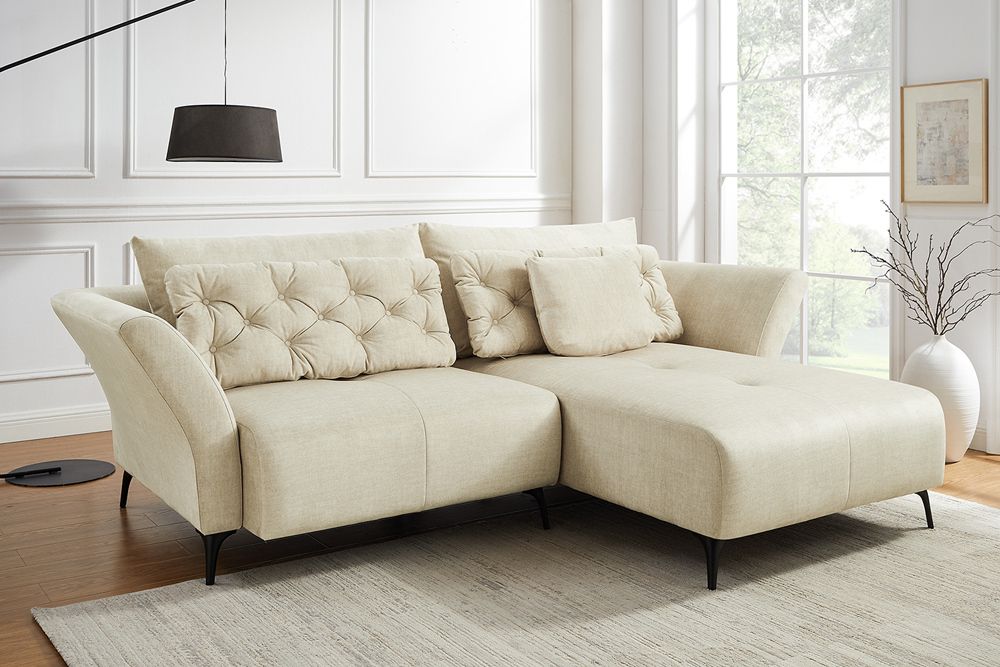 Modernes Ecksofa MARRAKESCH 265cm beige Samt 3-Sitzer inkl. Kissen Ottomane rechts