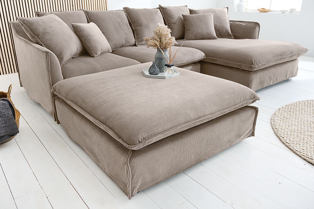 Großer Sitzhocker HEAVEN 100cm greige Cord Sofahocker abnehmbarer Bezug