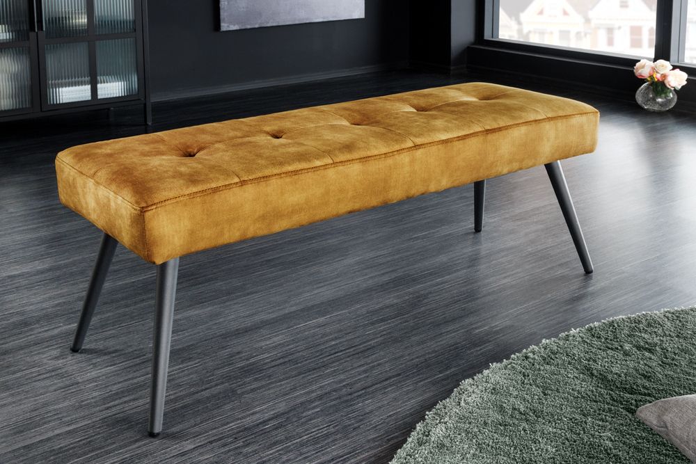 Design Sitzbank BOUTIQUE 100cm senfgelb Samt Metallbeine schwarz