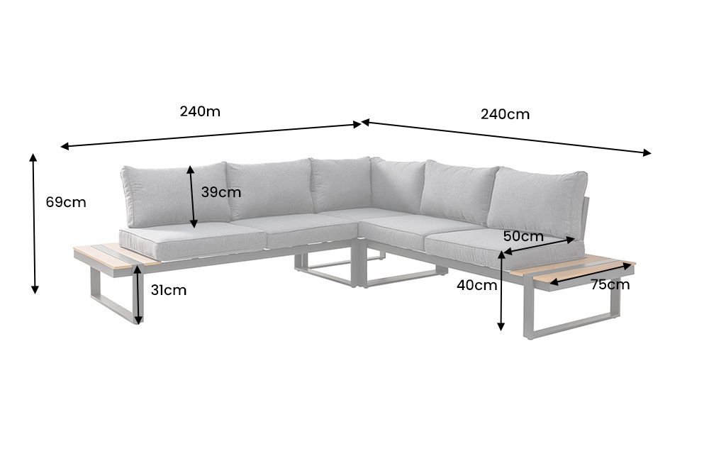Moderne Garten Sitzgruppe TAMPA LOUNGE 240cm grau Aluminium wetterfest inkl. Sitzkissen