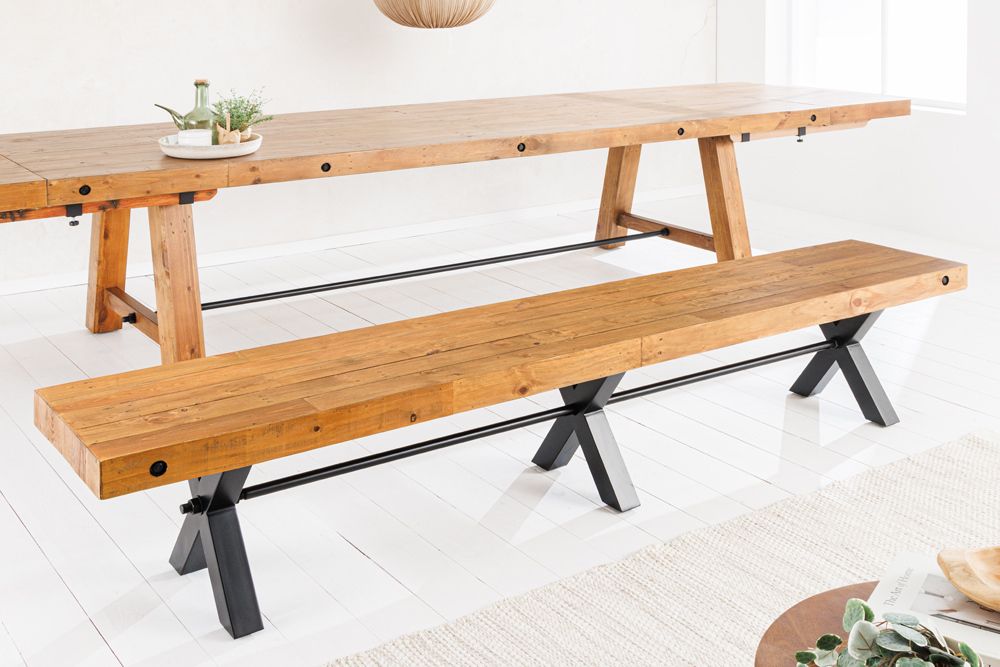 Massive Sitzbank THOR 240cm vintage braun recyceltes Pinienholz schwarz Metall X-Gestell