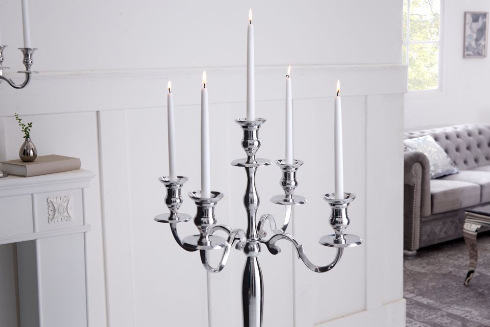 Kerzenständer MODERN BAROCK 120cm silber 5-armig Lüster Aluminium poliert Kerzenhalter