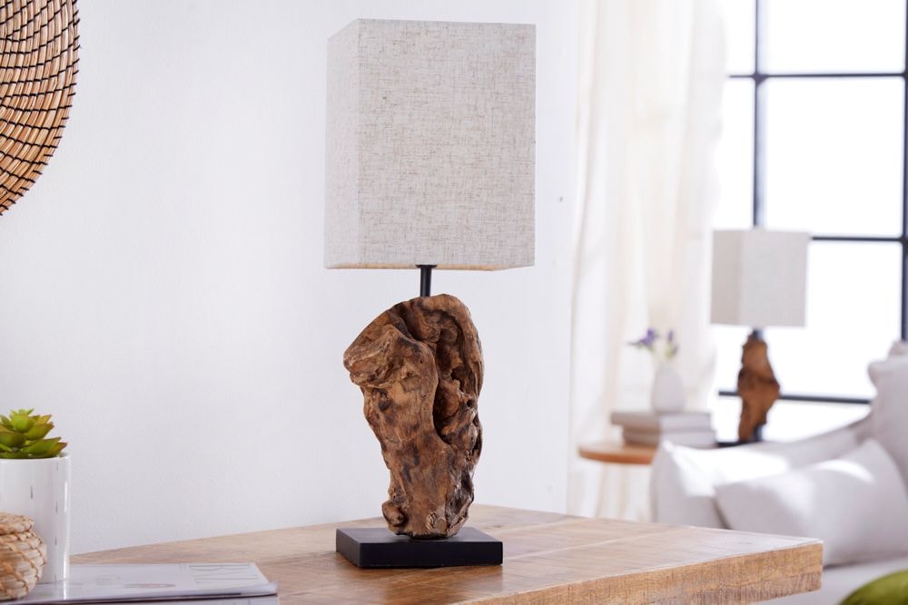 Handgearbeitete Treibholz Tischlampe HYPNOTIC 45cm beige mit Leinenschirm