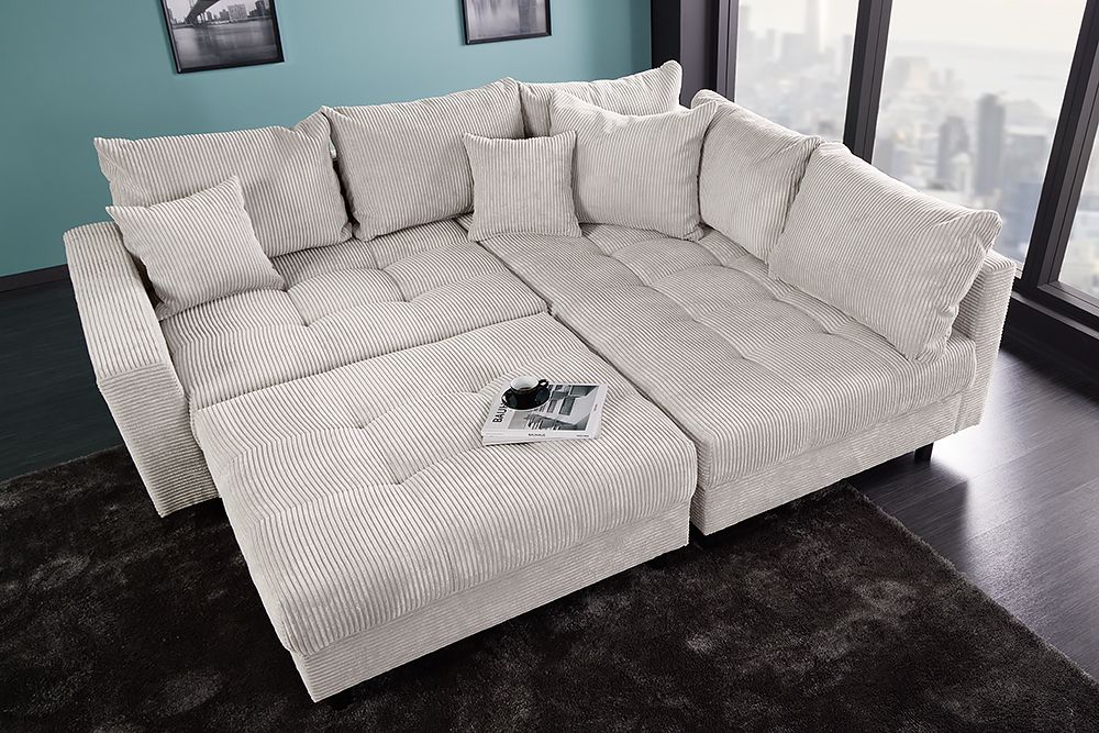 Modernes Ecksofa KENT 220cm beige Cord inkl. Hocker Federkern L-Form Wohnlandschaft