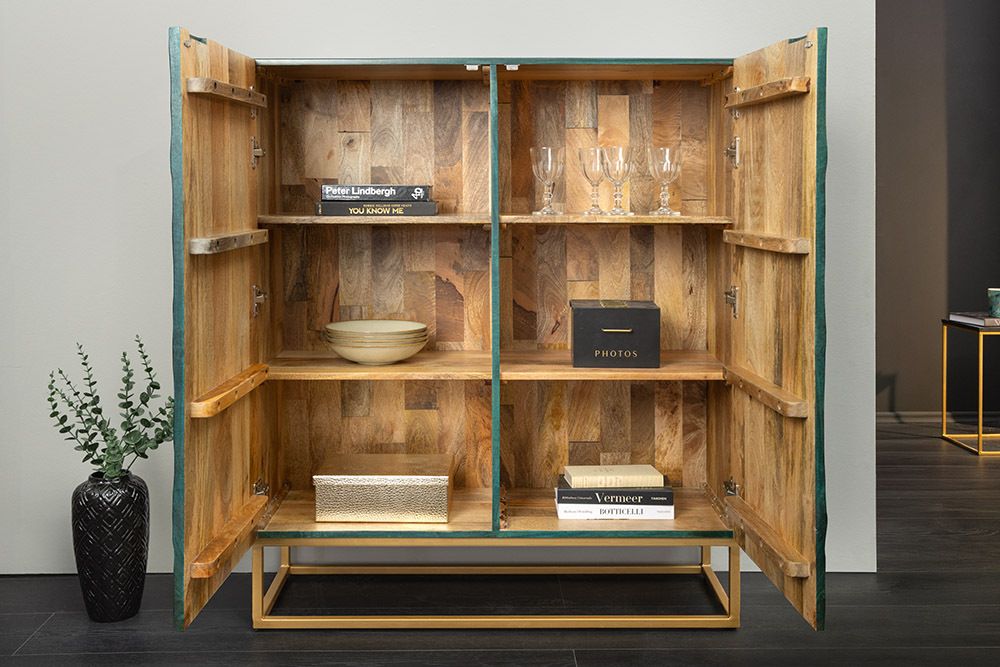Massives Highboard SCORPION 120cm türkis Mangoholz mit 3D Schnitzereien gold Metall