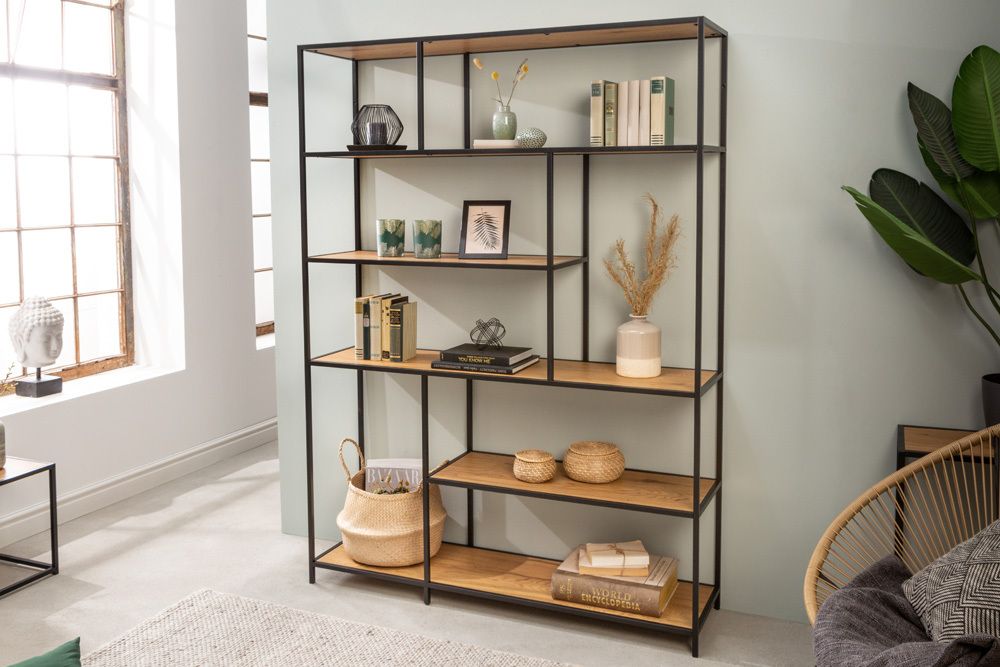 Industrial Bücherregal SLIM LINE 185x135cm Wildeiche schwarz sechs Regalböden