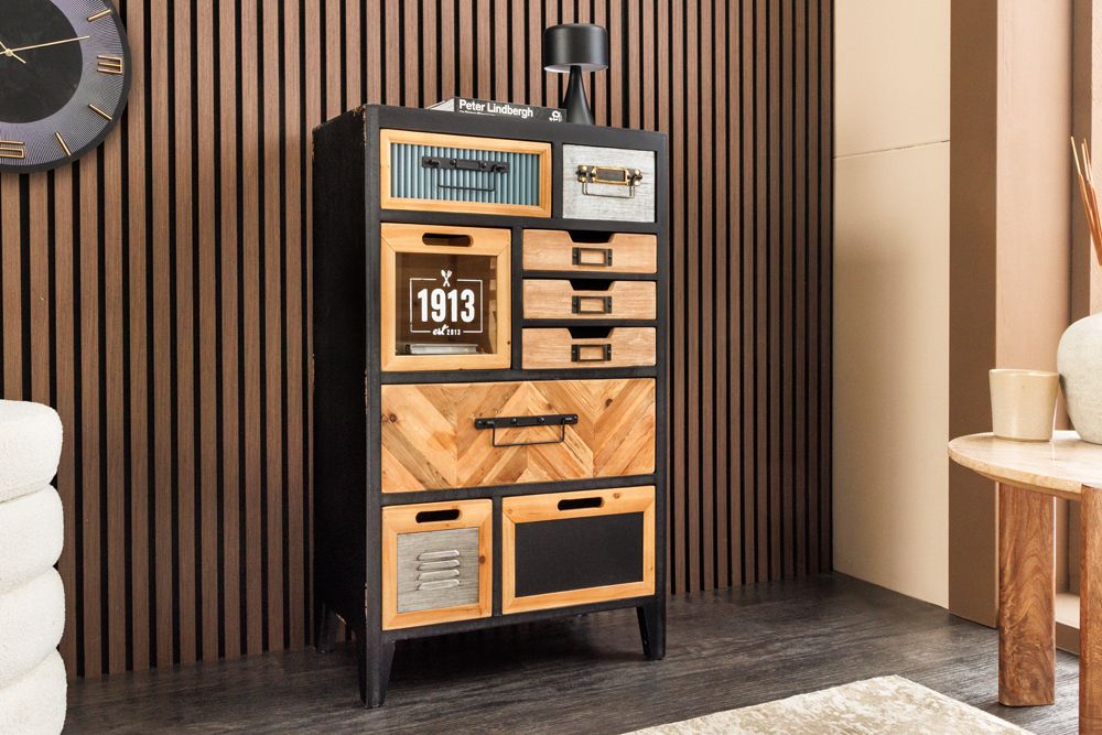 Industrial Schubladenschrank SECRETS 95cm natur braun schwarz Metall Pinienholz Kommode » Jetzt kaufen