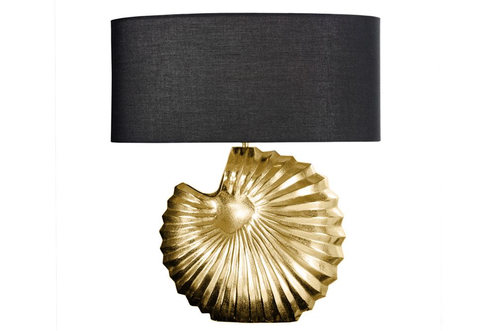 Design Tischlampe SHELL 60cm gold schwarz Metall Stoffschirm maritim
