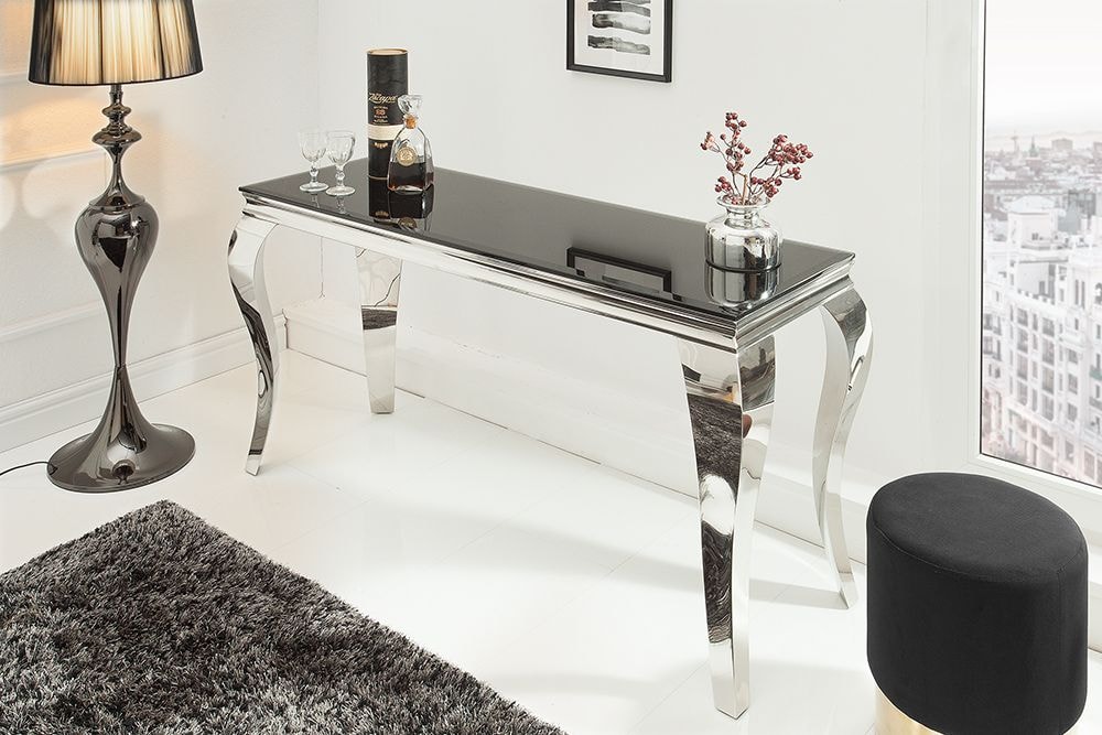 Eleganter Konsolentisch MODERN BAROCK 145cm schwarz Opalglas Edelstahlbeine
