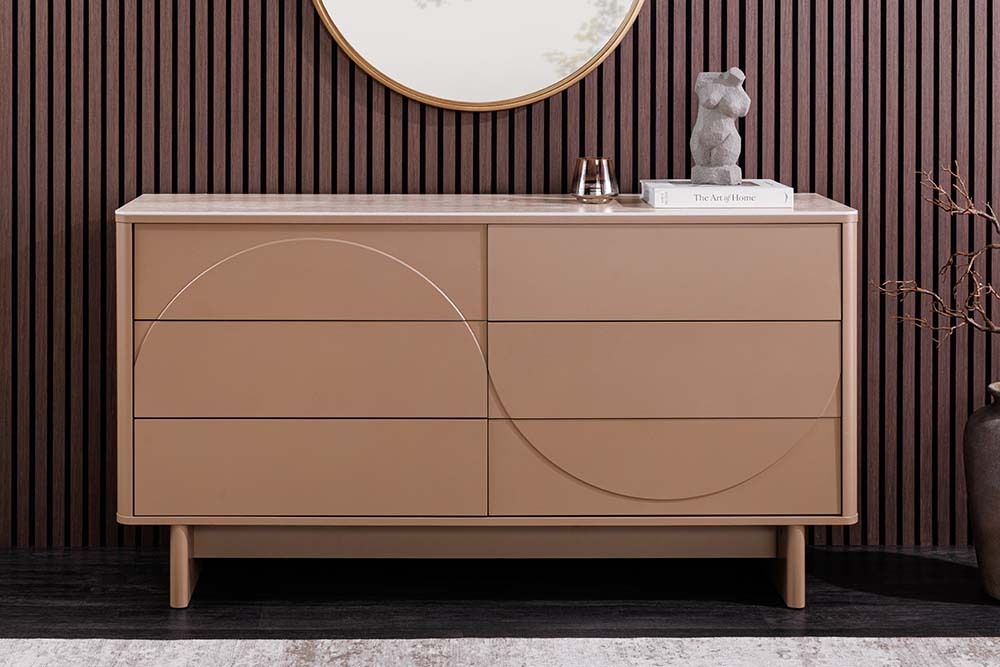 Design Sideboard SAVOY 150cm grau beige greige Keramik Travertin mit sechs Schubladen